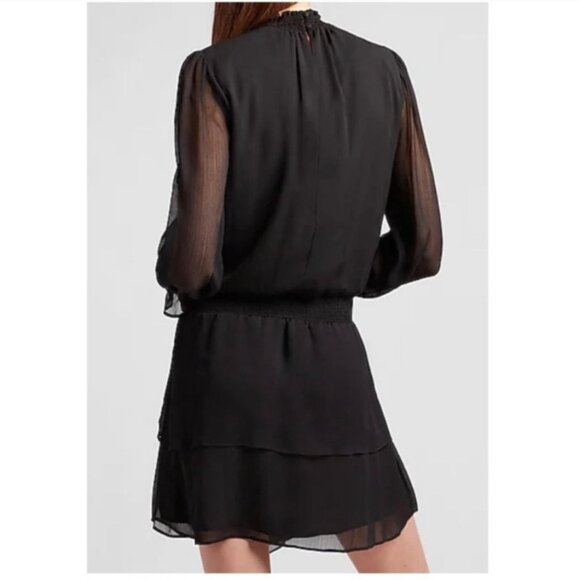 Express Layered Ruffle Mini Dress Womens Small Black Sheer Smocked Neck Waist - Picture 3 of 12